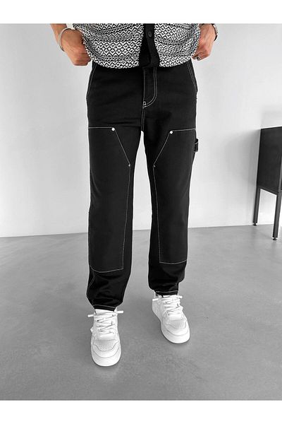 ablukaonline Men's Reverse Stitching Detailed Patched Trousers Black