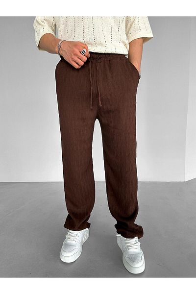 ablukaonline Men's Baggy Fit Patterned Elastic Waist Casual Pants Brown