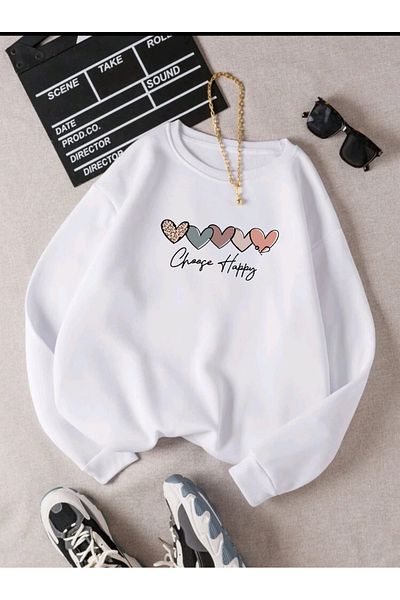 FAVORİST Choose Happy Hearts Printed Oversize Crew Neck Sweatshirt
