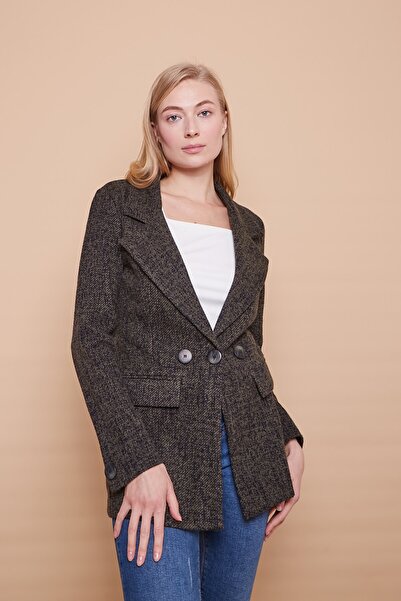 Jument Patterned Wool Winter Collar Pocket Flap 3 Button Long Sleeve Long Blazer Jacket-Khaki Diyogonel