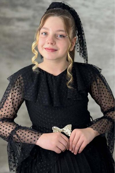 Riccotarz Girl's Guipure Detailed Black Evening Dress with Frilly Collar and Polka Dot Skirt with Fluffy Tulle