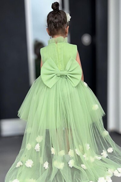 Riccotarz Girl's Green Evening Dress with Tulle Collar, Pleat Detail and Flower Tail
