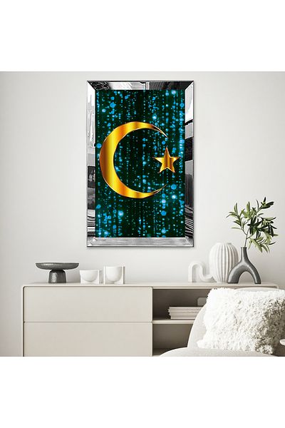 Zevahir Mobilya Dekorasyon Imagine cu sclipici albastră Moon Star Single MDF cu cadru din plexiglas cu oglindă argintie