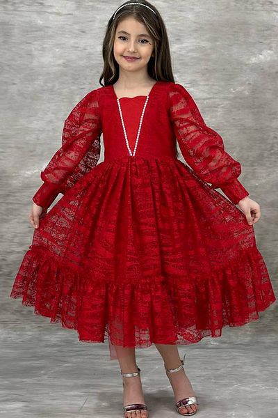 Riccotarz Girl's Red Evening Dress with Transparent Sleeves, Pearl Beaded Collar and Ruffled Hem