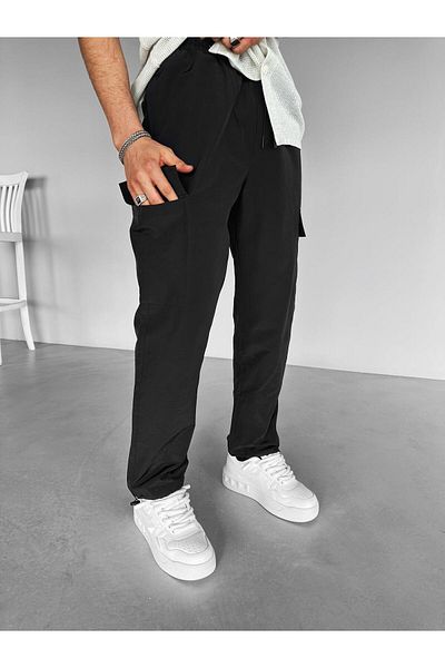 ablukaonline Men's Oversize Parachute Fabric Cargo Pants Black