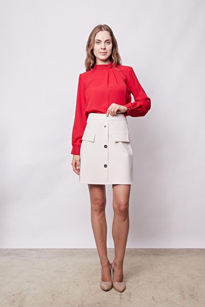 Jument High Waist and Buttoned Women's Bell Skirt - Lightweight Lycra Fabric, with Pocket Cover, Champagne