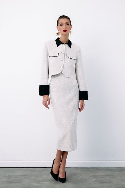 Sateen Tweed Pencil Skirt - Decorative Buttoned, Stone Color