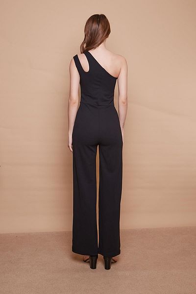 Jument Lycra Crepe Fabric One Shoulder Accessory Side Pocket Wide Leg Evening Dress Engagement Office Overalls - black