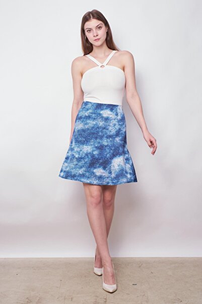 Jument Fustă clopot din satin cu talie înaltă și deasupra genunchiului - model albastru