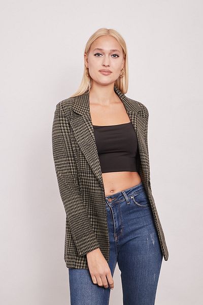 Jument Blazer de iarnă din țesătură de lână cu un singur buton, cu model în carouri, cu mânecă lungă, kaki