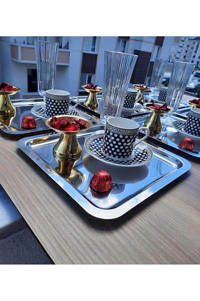 MİMOZA PARK 2 Pieces Luxury Square Stainless Steel Silver Color 21X21Cm Coffee Serving Presentation Tray & Plate