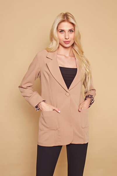 Jument Collared Pocketed Long Sleeve Folded Blazer Fabric Jacket-Beige