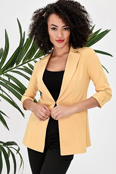 Jument Kapri Three Quarter Sleeve Ornamental Pocketed Office Blazer Fabric Jacket-Yellow