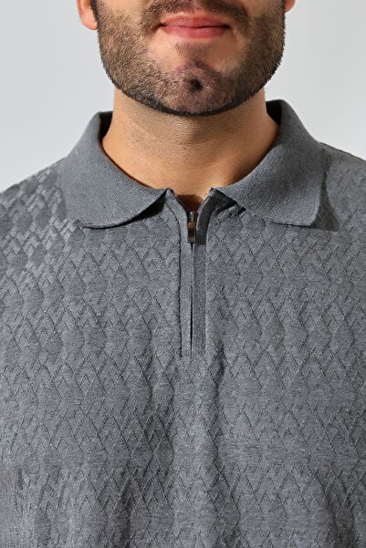 GW Bernal Men's Polo Collar Zippered Gray T-Shirt - Soft Textured Regular Fit