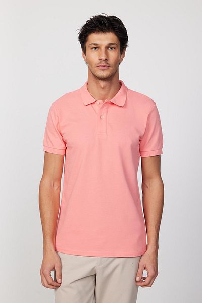 Tudors Ανδρικό T-Slim Fit Slim Fit 100% βαμβακερό απλό πικέ ροζ μπλουζάκι πόλο γιακά