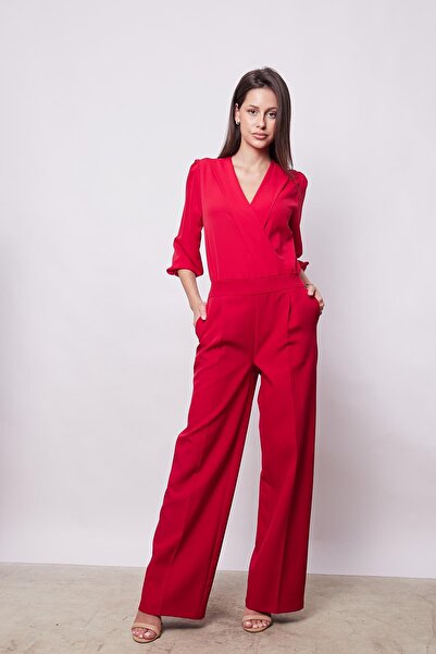 Jument Light Lycra Capri Jumpsuit - Three-Quarter Sleeve and Wide Leg, Stylish Red