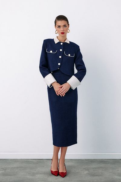 Sateen Tweed Pencil Skirt - Dark Blue, Ornamental Buttoned