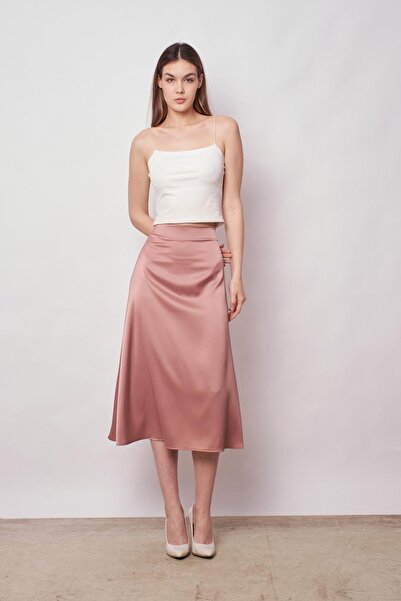 Jument Fustă clopot din satin cu talie înaltă - fara lycra, trandafir uscat