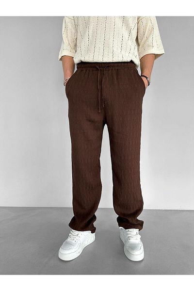 ablukaonline Men's Baggy Fit Patterned Elastic Waist Casual Pants Brown