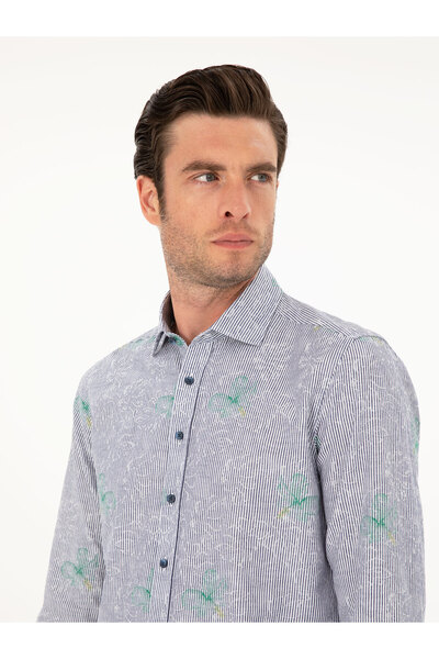 Cacharel İndigo Keten Karışımlı Slim Fit Uzun Kollu Gömlek 50233192-VR028