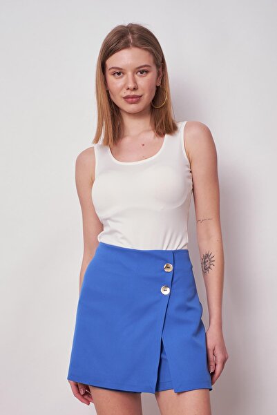 Jument Women's High Waist Woven Fabric Midi Length Shorts Skirt (length:38cm +-2cm)-Sax