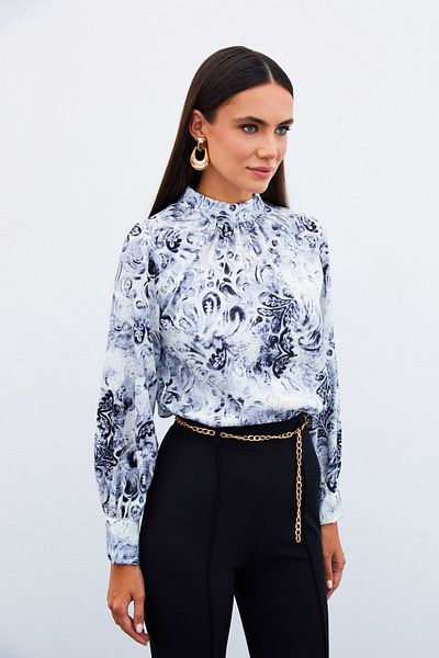 Sateen Bluză cu model cu guler ridicat - NEGRU