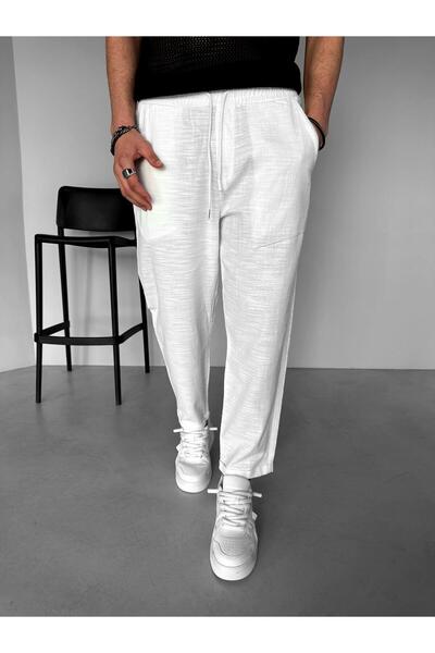 ablukaonline Pánske letné plátené nohavice pohodlného strihu z bavlny, ktorá udržiava chladivý elastický pás, biele