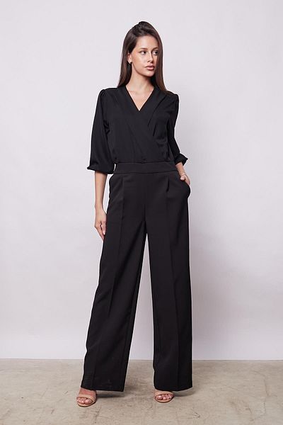 Jument Salopetă Capri cu mâneci trei sferturi, cu picioare largi, din lycra ușoară, din țesătură elegantă-negru