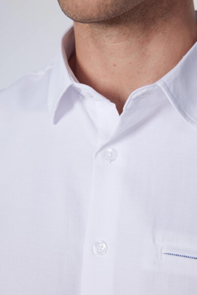 Tudors Erkek Slim Fit Dar Kesim Uzun Kollu Pamuklu Armürlü Tek Cepli Beyaz Gömlek