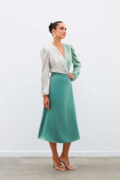 Sateen Midi Length Satin Skirt - Khaki