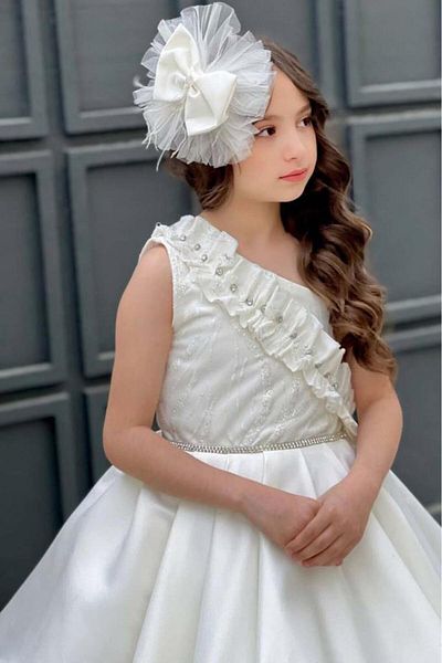 Riccotarz Κοριτσίστικο βραδινό φόρεμα One Shoulder Stone Λεπτομερές φουσκωμένο λευκό με φούστα