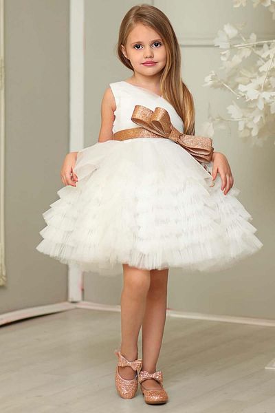 Riccotarz Girl's Glittery Bow Detailed Layered Tulle White Evening Dress