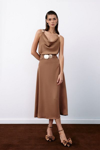 Sateen Camel Flared Skirt - with Belt Accessory