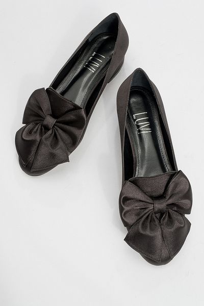 LuviShoes Real Black Satin Bow Women's Heeled Ballerina Shoes