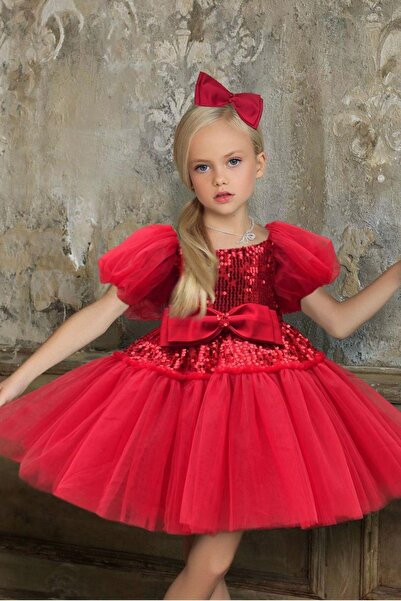 Riccotarz Piros lány estélyi ruha ballonujjal és flitterekkel díszített, pufi szoknyával