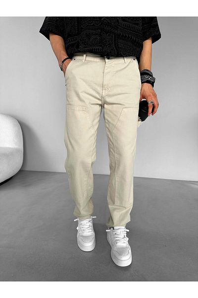 ablukaonline Men's Slim Fit Trousers with Block Patch Detail Stone Color