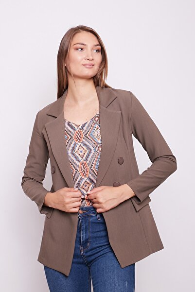 Jument Women's Button Detailed Long Sleeve Stylish Office Ornamental Pocket Flap Fabric Blazer Jacket-Mink