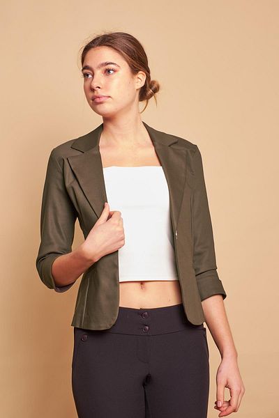 Jument Blazer scurt cu mâneci trei sferturi capri cu buzunar plat cu guler, jachetă din țesătură din bumbac lycra deschis - kaki închis