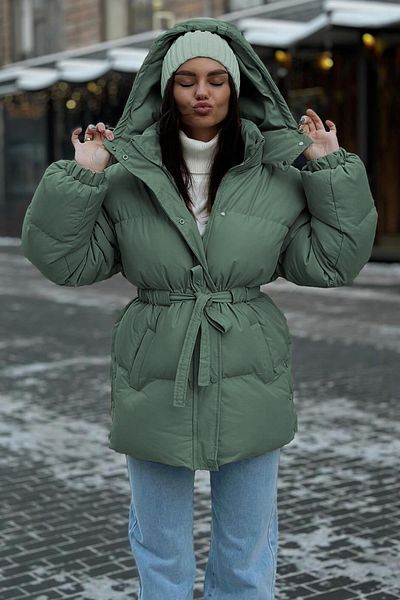 Madmext Khaki Hooded Puffer Jacket with Belt Detail Mg2179