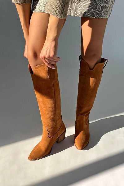 STRASWANS Nemy Women's Pointed Toe Genuine Suede Leather Boots Tan