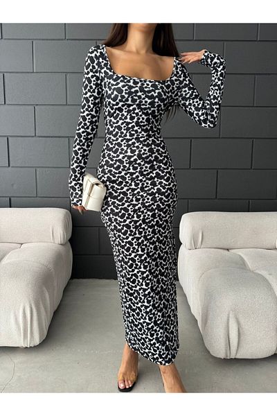 Fav Style Rochie de damă cu mânecă lungă cu imprimeu leopard negru - decolteu pătrat și fante