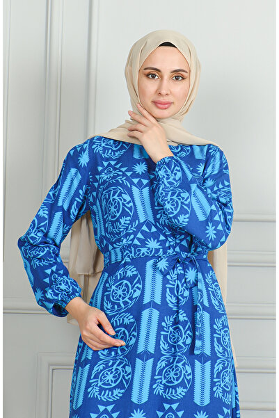 sefamerve Φόρεμα τιρκουάζ βισκόζης - με σχέδιο και ζώνη 0499-07