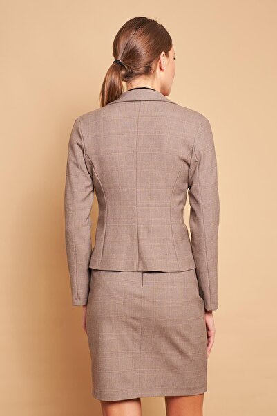 Jument Plaid Collar Flato Pocketed Long Sleeve Stretch Fabric Cotton Fabric Blazer Jacket-Beige Plaid