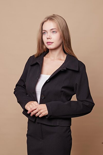 Jument Lycra Women's Blazer - Long Sleeve, Buttoned, Collared Pocket, Black Stamp Fabric