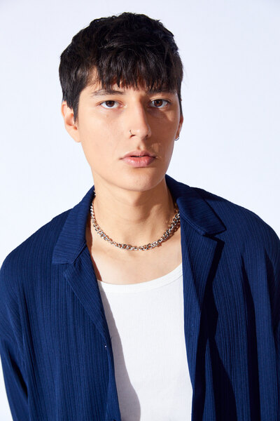 Manche Oversize Örme Jakarlı Kalın Dokulu Apaç Yaka Uzun Kol Erkek Gömlek | Lacivert MANN199990-1