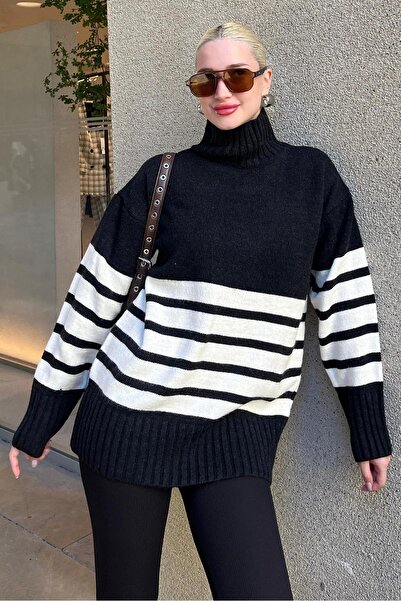 Madmext Black Oversize Turtleneck Striped Sweater Mg2168