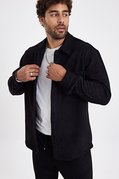 MADZEYMODA New Season Men's Single Pocket Scuba Black Suede Shirt Mz19811