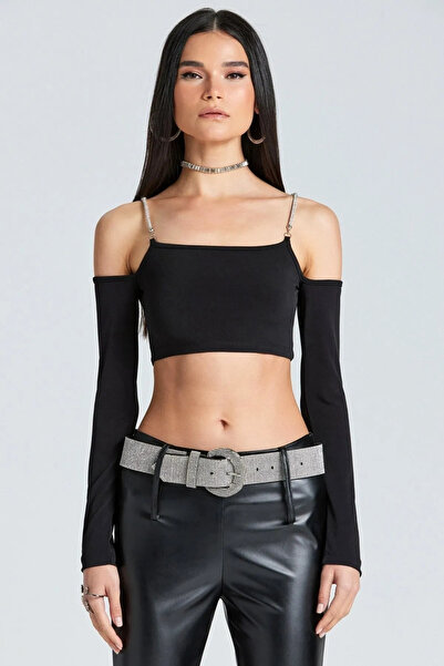 World Fashion Trends WFT1967 سلسلة حزام قبالة الكتف بلوزة سوداء