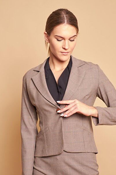 Jument Plaid Collar Flato Pocketed Long Sleeve Stretch Fabric Cotton Fabric Blazer Jacket-Beige Plaid