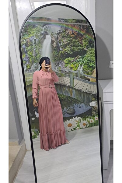 Klass uzun kollu pili sereli eteği fırfırlı pudra pembe tesettür şifon elbise